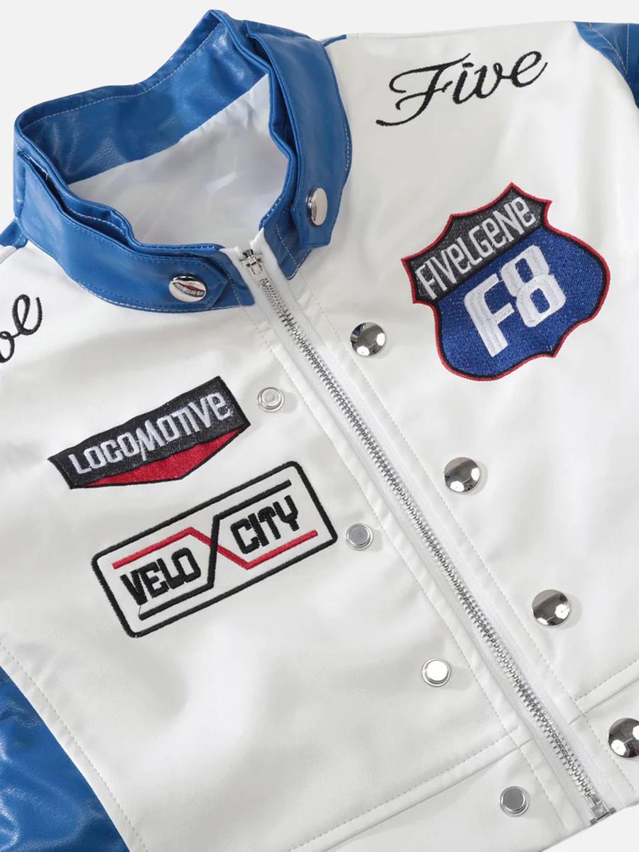 Badge Short PU Leather Racing Jacket