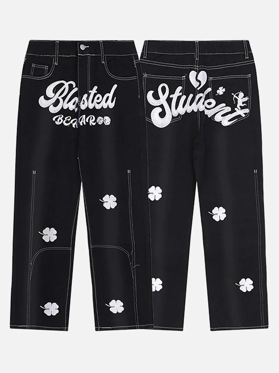 Letter Lucky Clover Embroidered Baggy Jeans