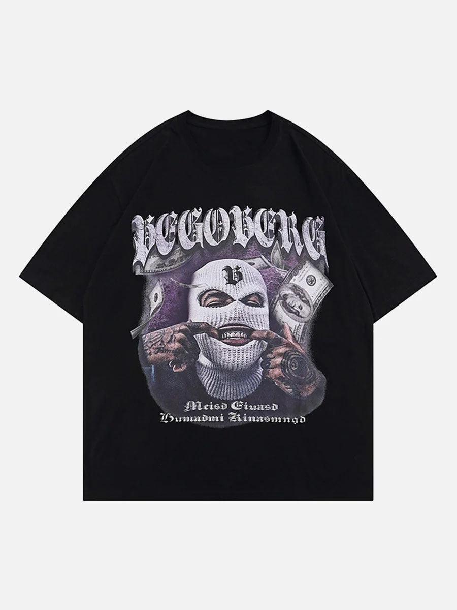 Masked Gangster Portrait Printed T-Shirt