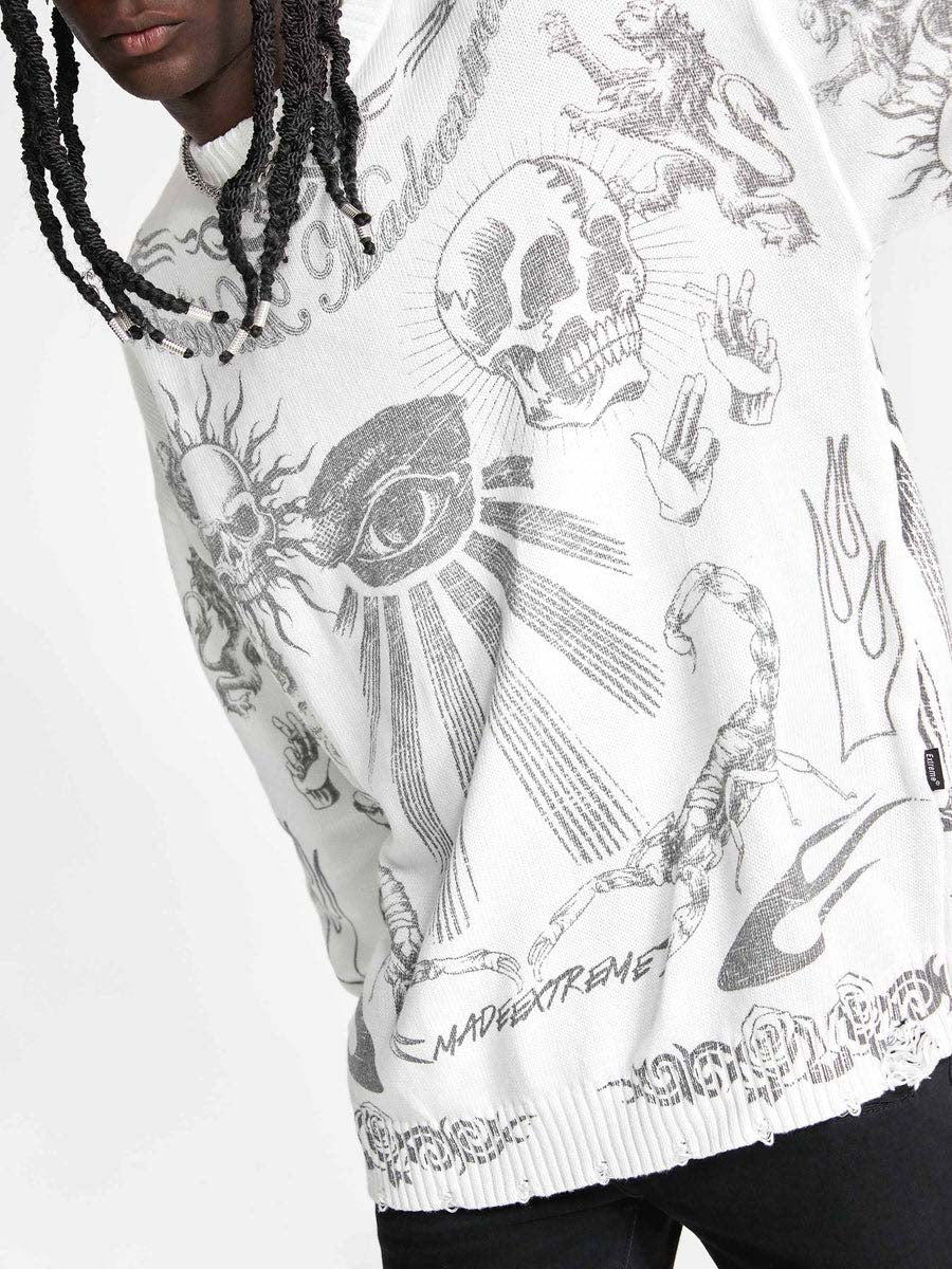 Skull Print Distressed Sweater
