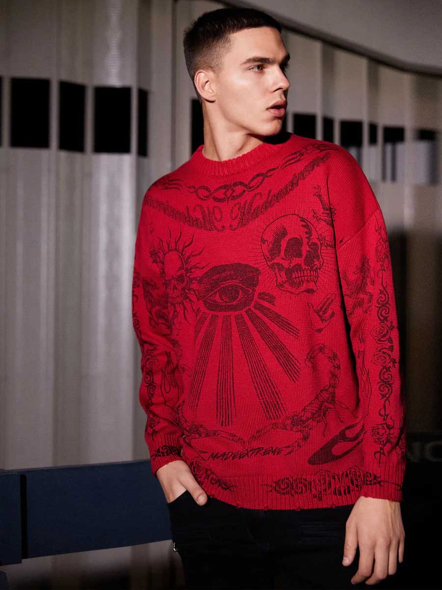 Skull Print Distressed Sweater
