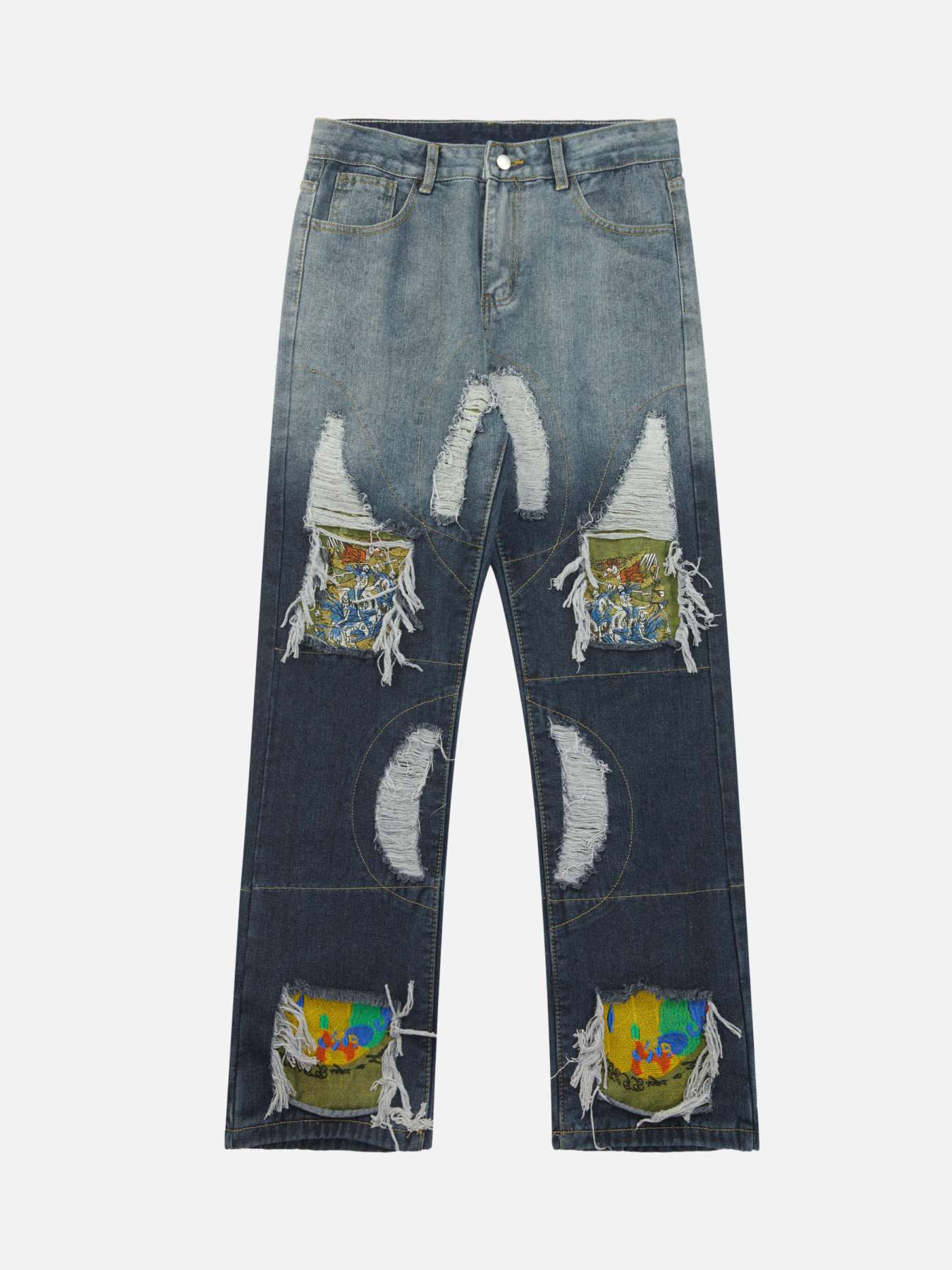 Thesupermade Printed Patchwork Distressed Straight-leg Jeans