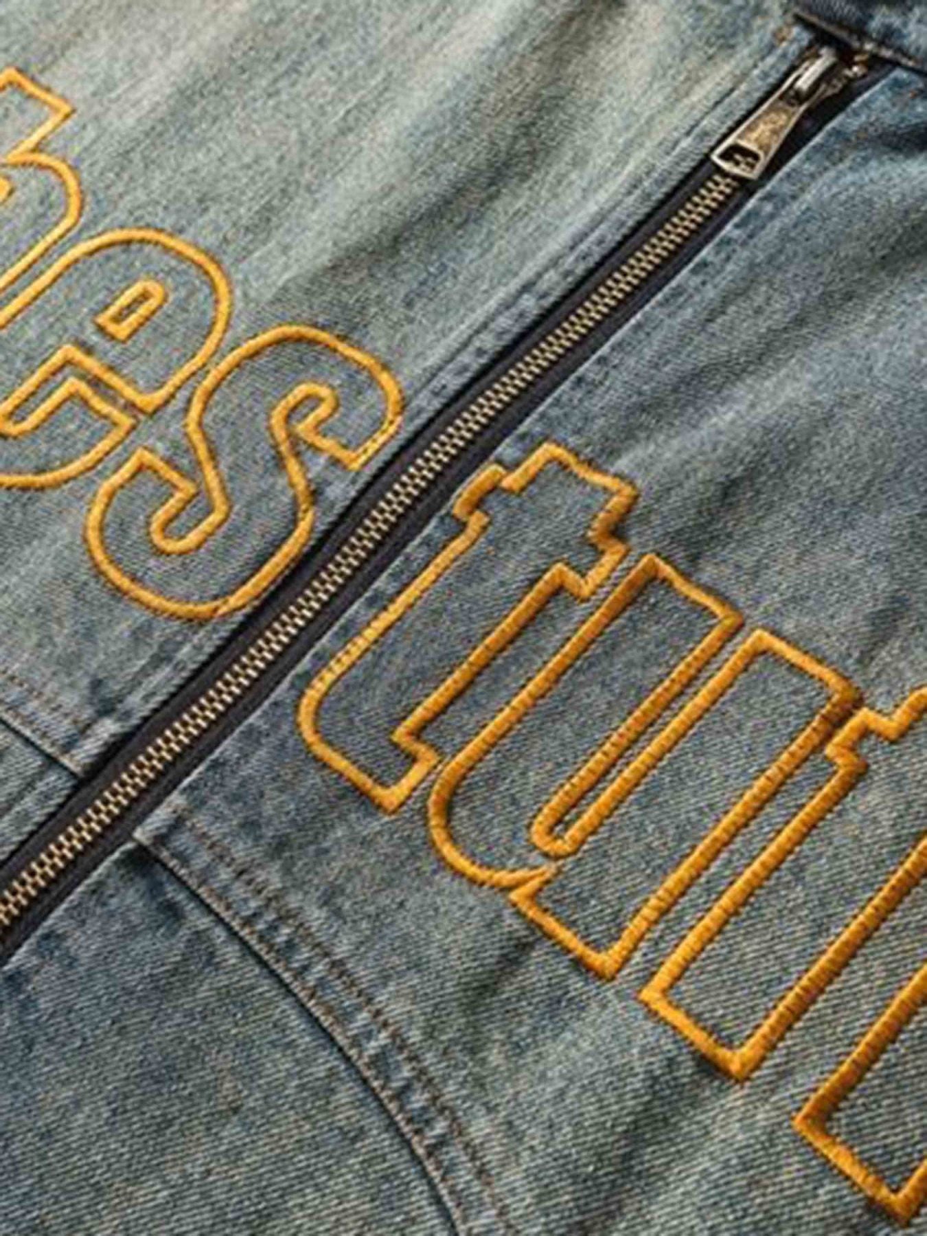 Thesupermade Hip-hop Badge Embroidered Do-over Denim Jacket