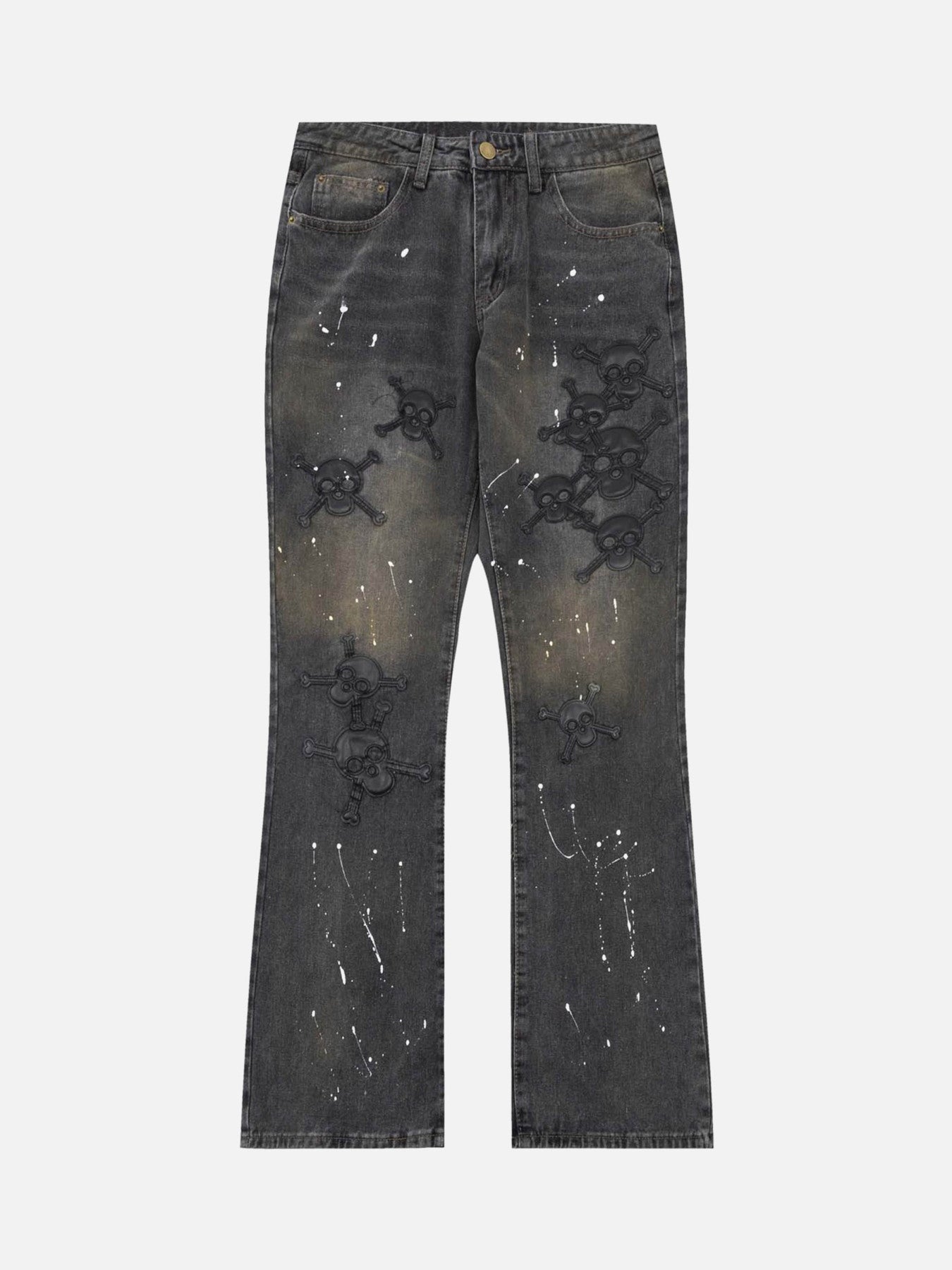 Thesupermade Leather Skull Splash Ink Micro-flared Jeans