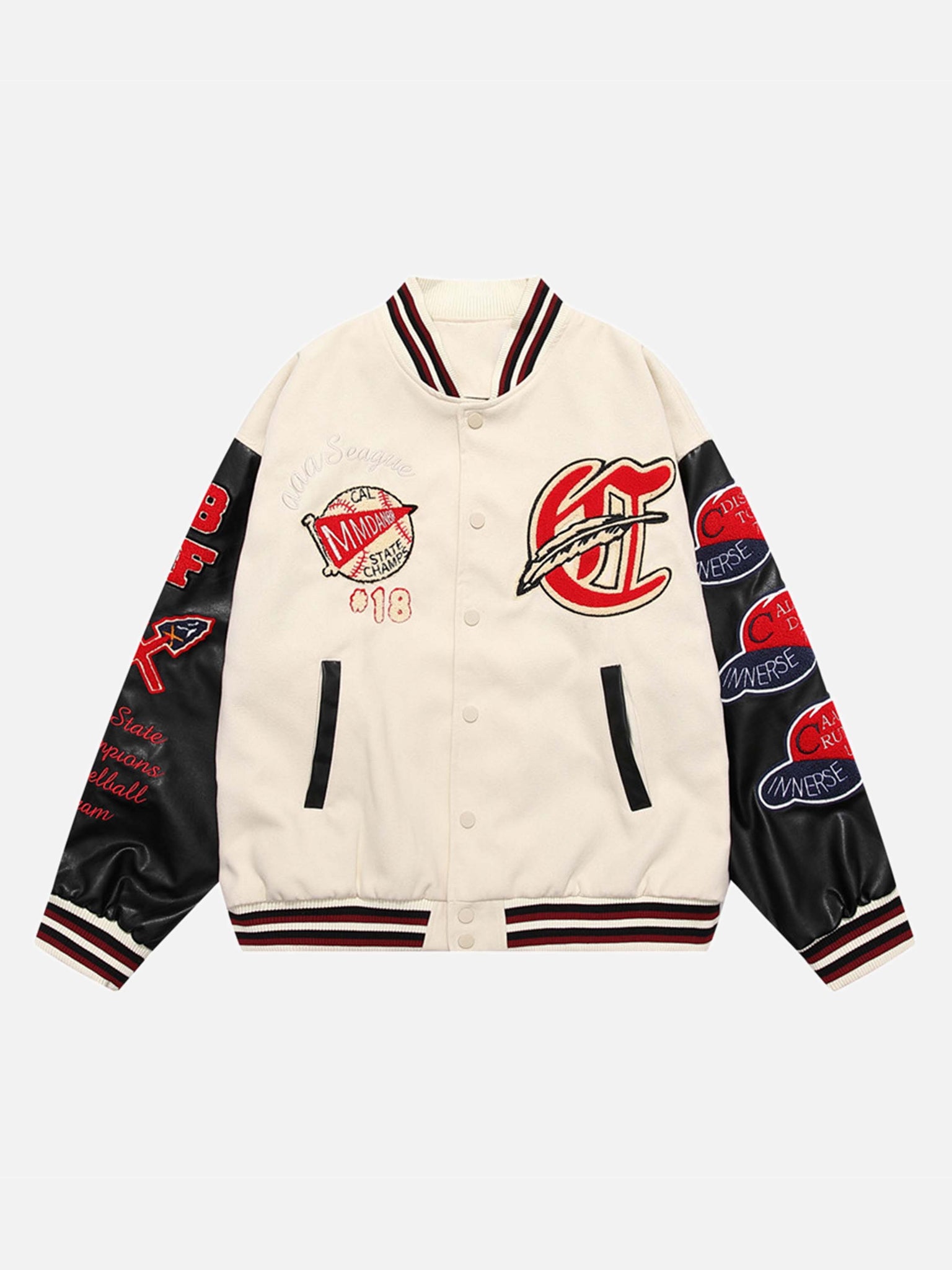 Thesupermade American Patchwork PU Leather Sleeve Embroidered Alphabet Baseball Jacket-1819