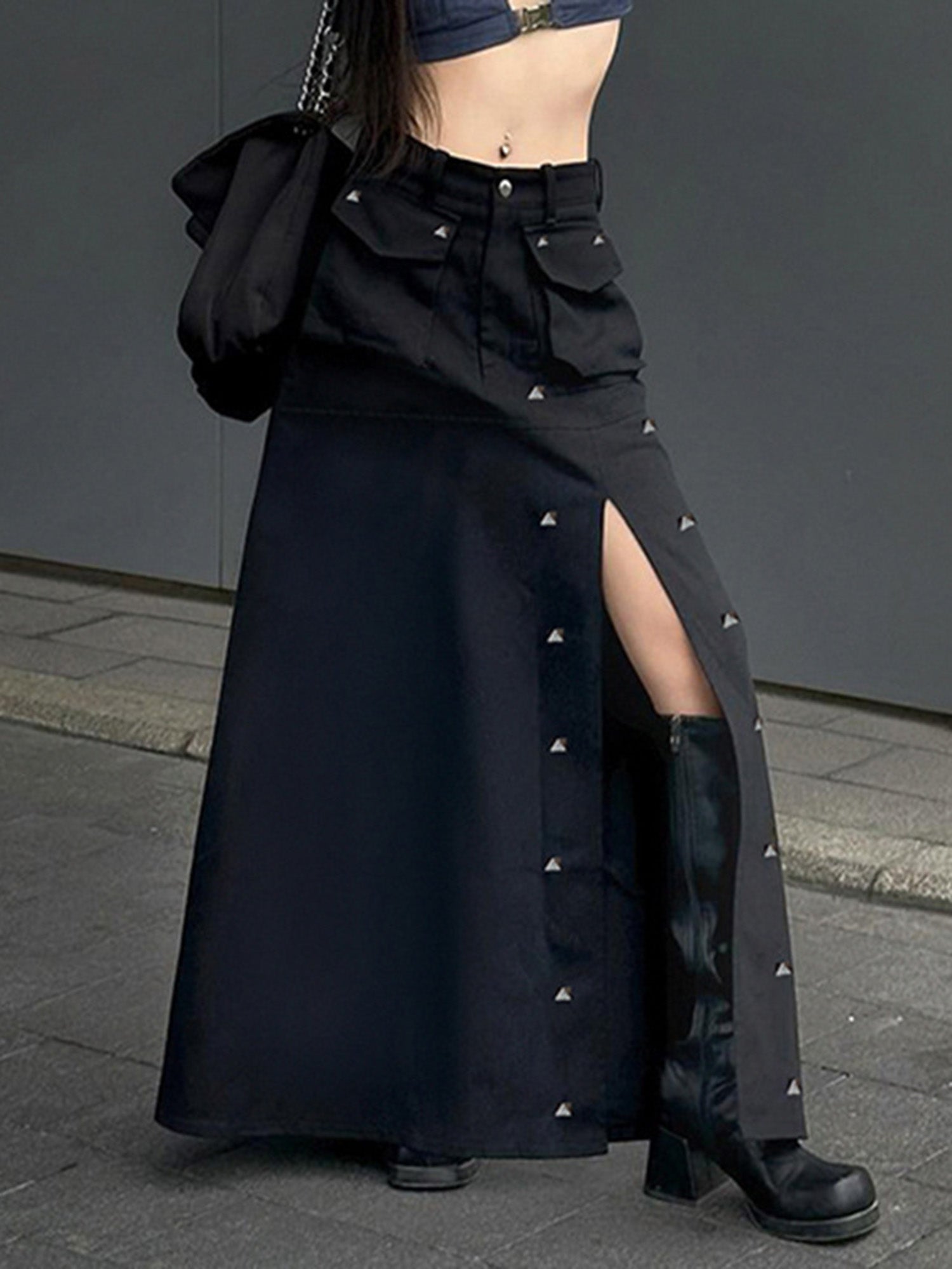 Thesupermade Dark Style Heavy Industry Rivet Pocket Cuffed High Waist Skirt
