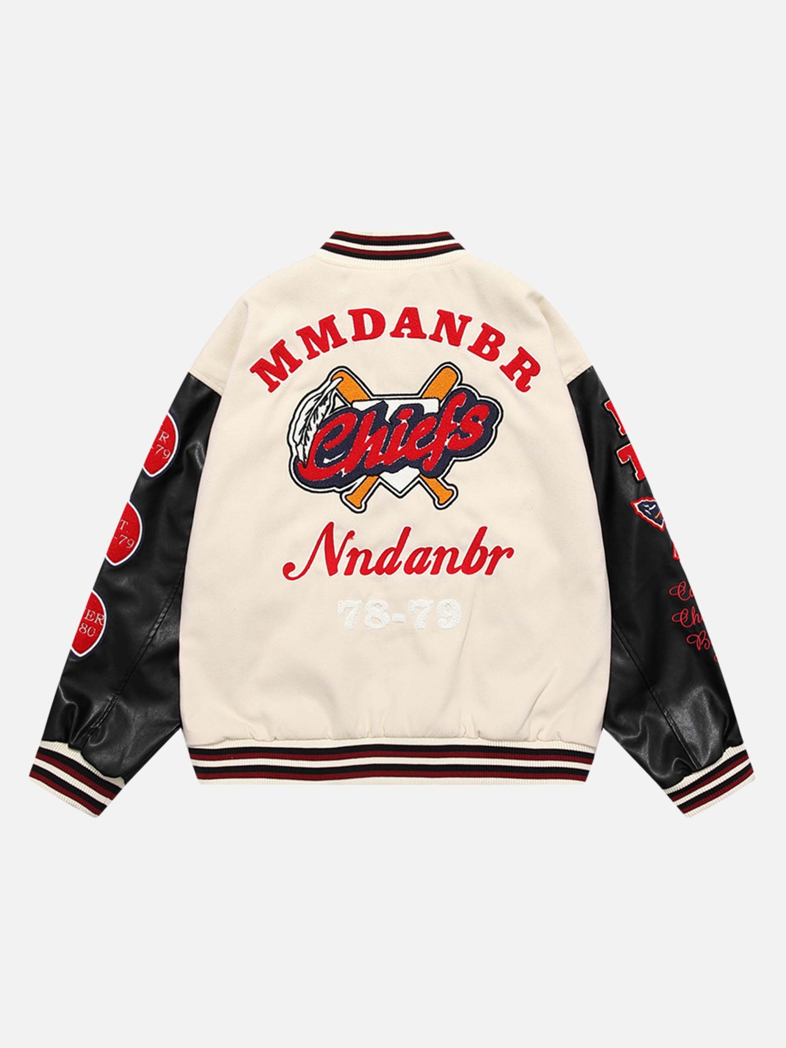 Thesupermade American Patchwork PU Leather Sleeve Embroidered Alphabet Baseball Jacket-1819