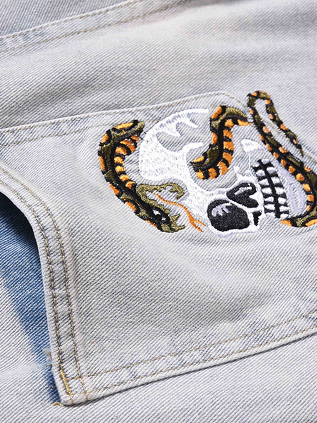 The Supermade Skull Flame Monogram Embroidered Slim Fit Jeans
