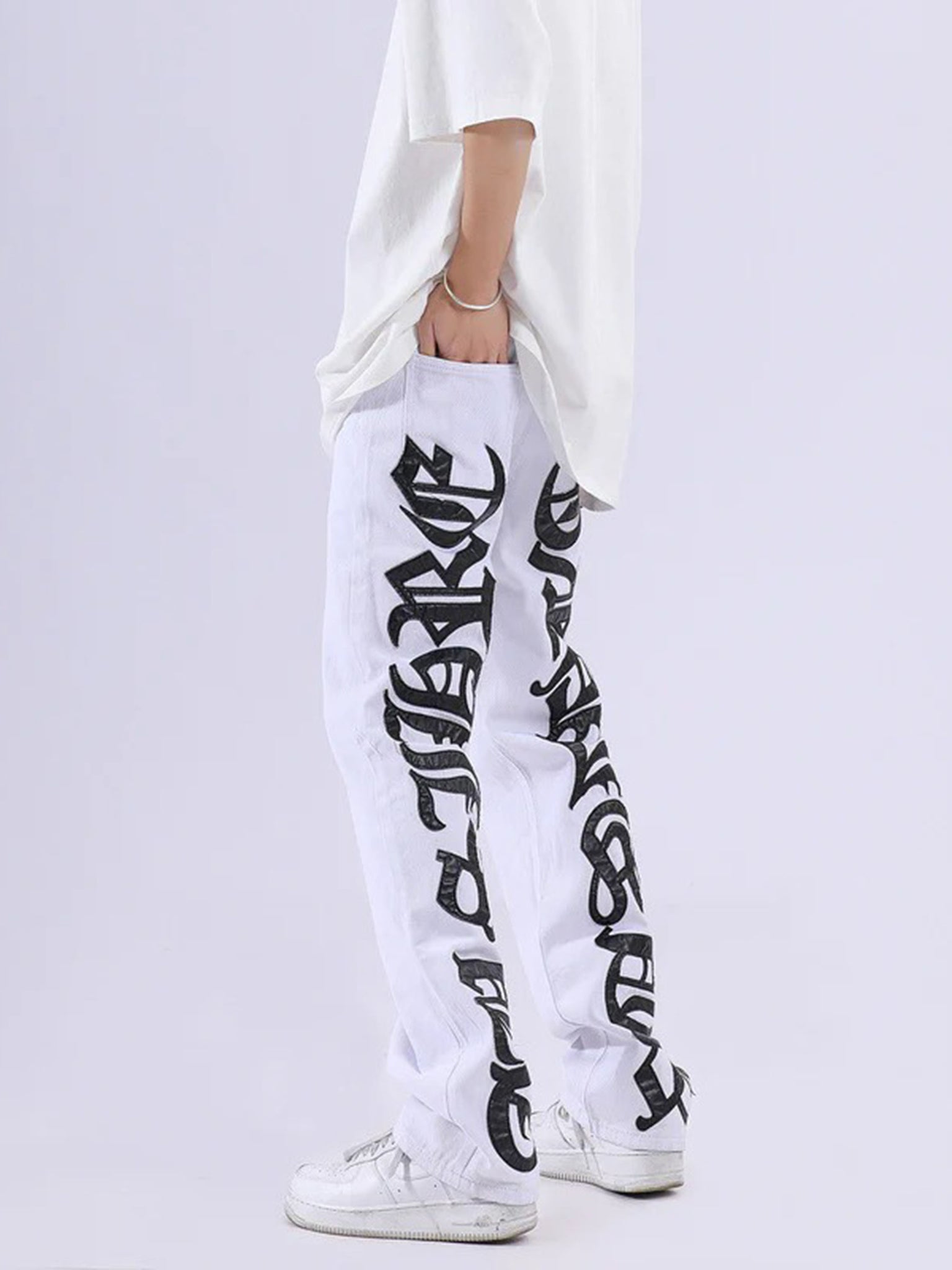 The Supermade American High Street Burning Text Embroidered Letters Jeans -1478